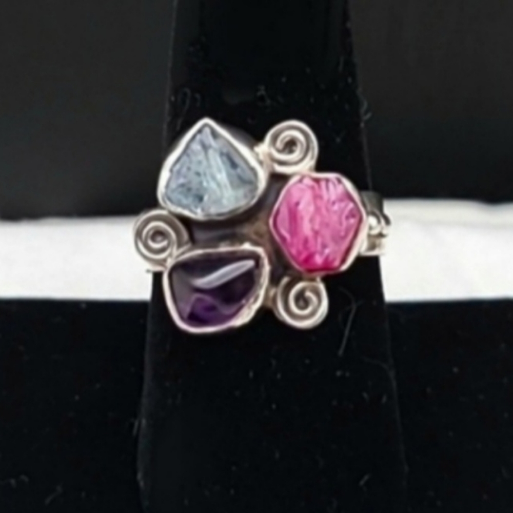 Artisan Sterling Silver Natural Gemstone Ring Vintage One Of A Kind Size 9